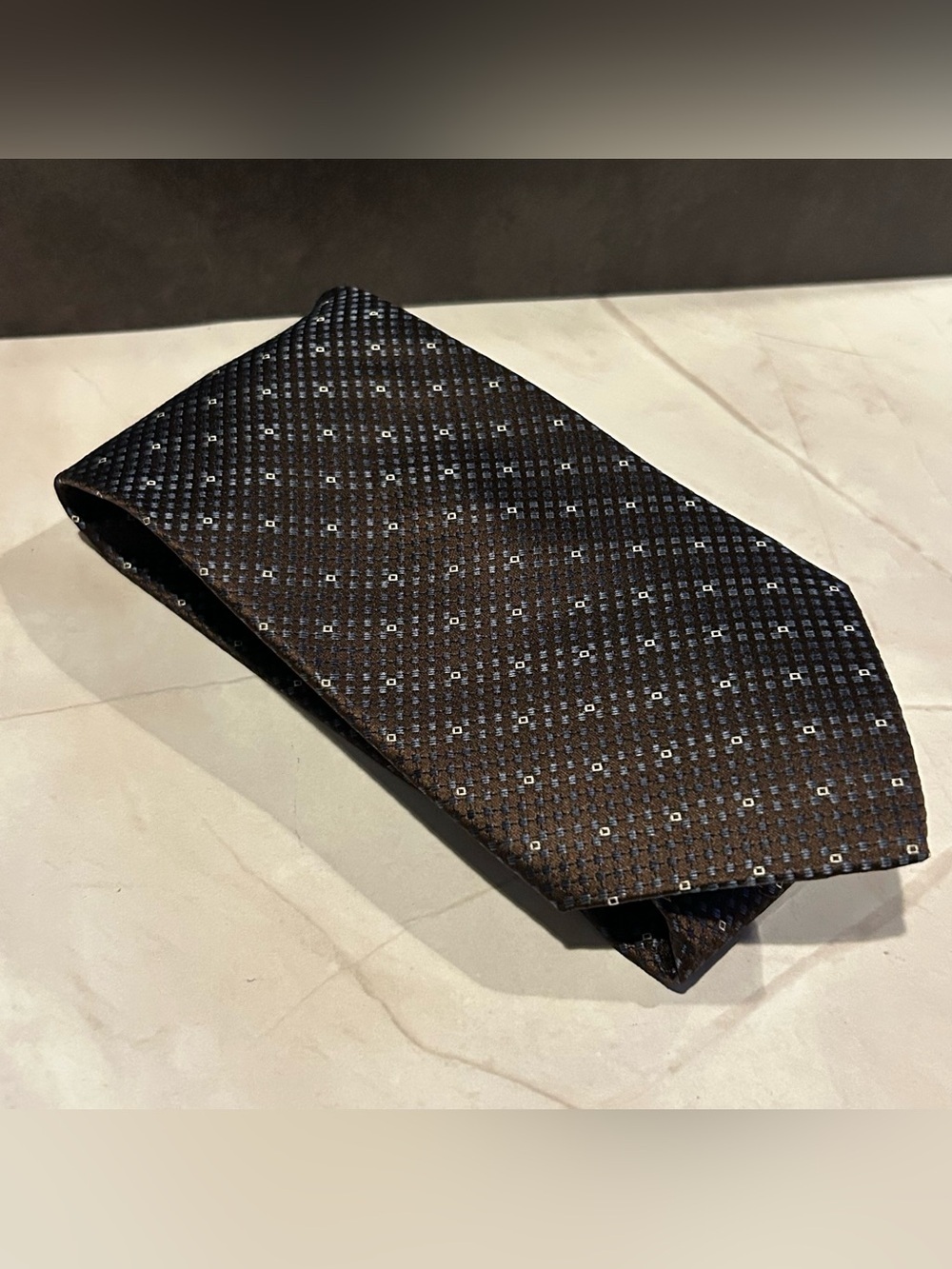 Joseph & Feiss Brown Micro-Check Silk 61” Silk Tie with Small Dot Pattern